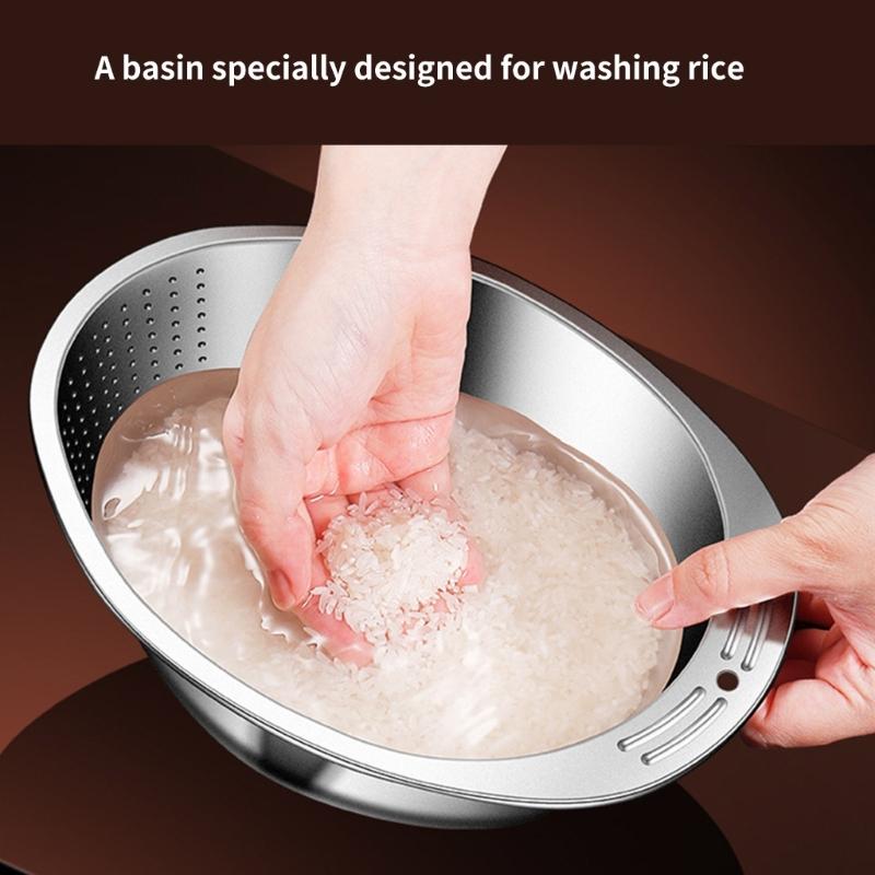304Stainless Steel Kitchen Basin Serving Basket Washing Basket Kitchen Colander Washing Bowl for Rice and Vegetables