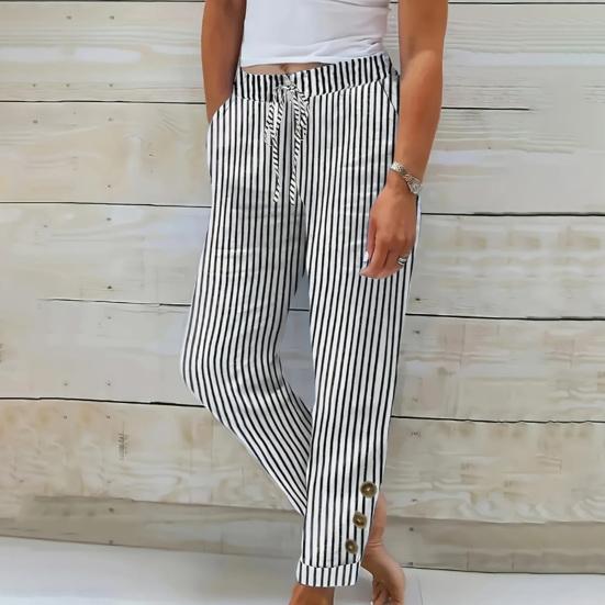 Women Harem Pants Adjustable Elastic Waistline Striped Print Boho Pants with Pockets Lightweight Breathable Casual Trousers