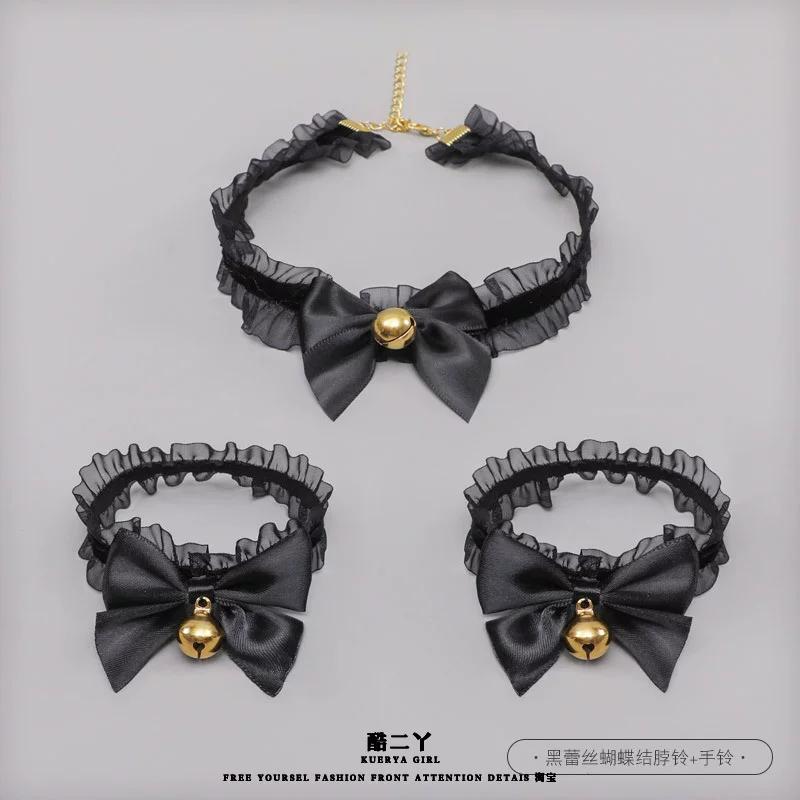 Lace Bell Choker Neck Collar with Wristband, Cute Cat Ear Maid Style Clavicle Chain Fashion Accessories