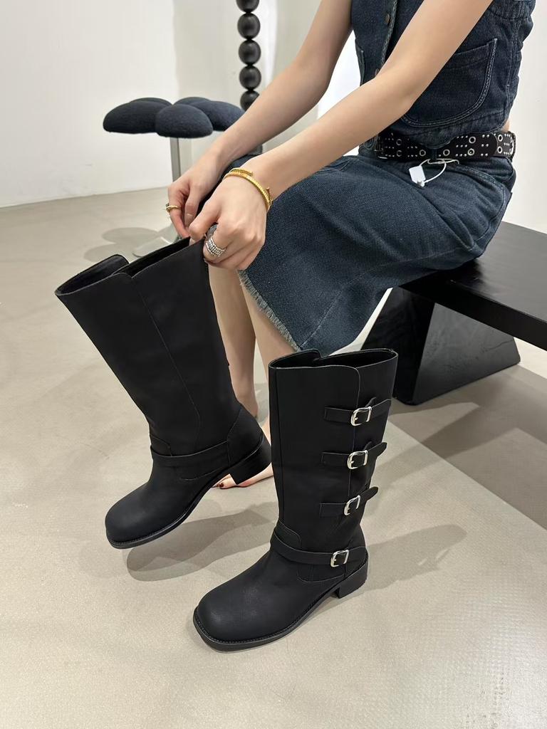 British Style Retro Belt Buckle Knight Boots 2025 New Wide with Martin Boots One Pedal Thick Heel Thick Sole Medium Boots