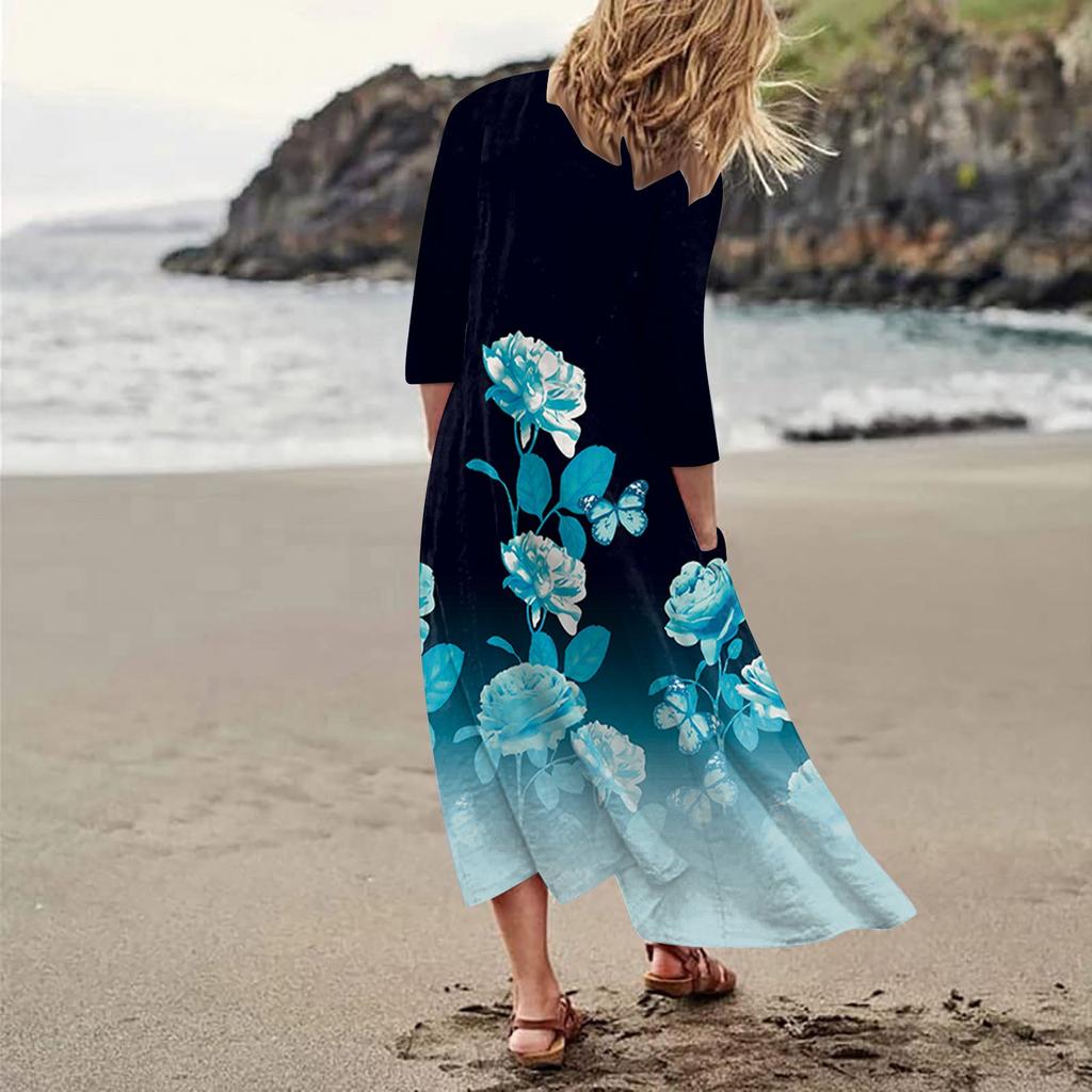 Summer Dress For Women Casual Printed Comfortable Fashion Printed 3/4 Length Sleeve Pocket Dress