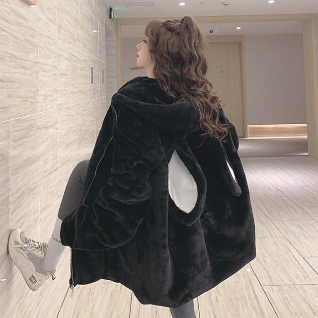 Autumn Winter Gothic Harajuku Couple Hoodies Cute Rabbit Ears Black Hooded Outwear Women Sweet Korean Loose Warm Plush Coats