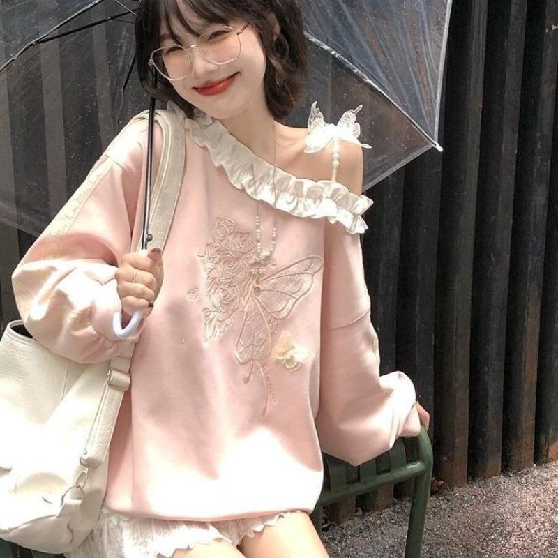 Butterfly Embroidered Women's Sweatshirt One‑shoulder Ruffled Lace Long Sleeved Pullover Korean Version New Style Sweet Woman Top