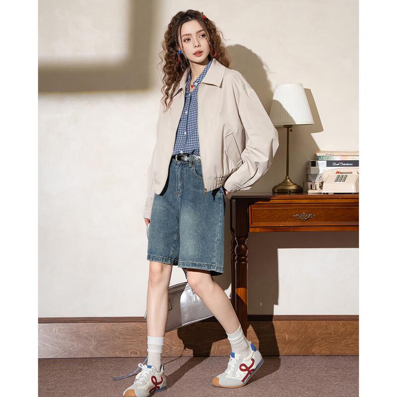 ET BOITE Damen Retro Lässige Revers Reißverschluss Jacke