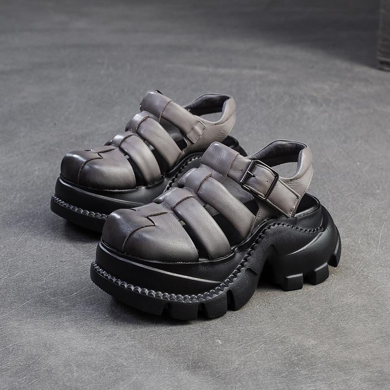 

Johnature Сандалии с круглым носком, плетеные, дышащие, с перфорацией, на толстой подошве, повседневные, универсальные, женские туфли на платформе 38 серый