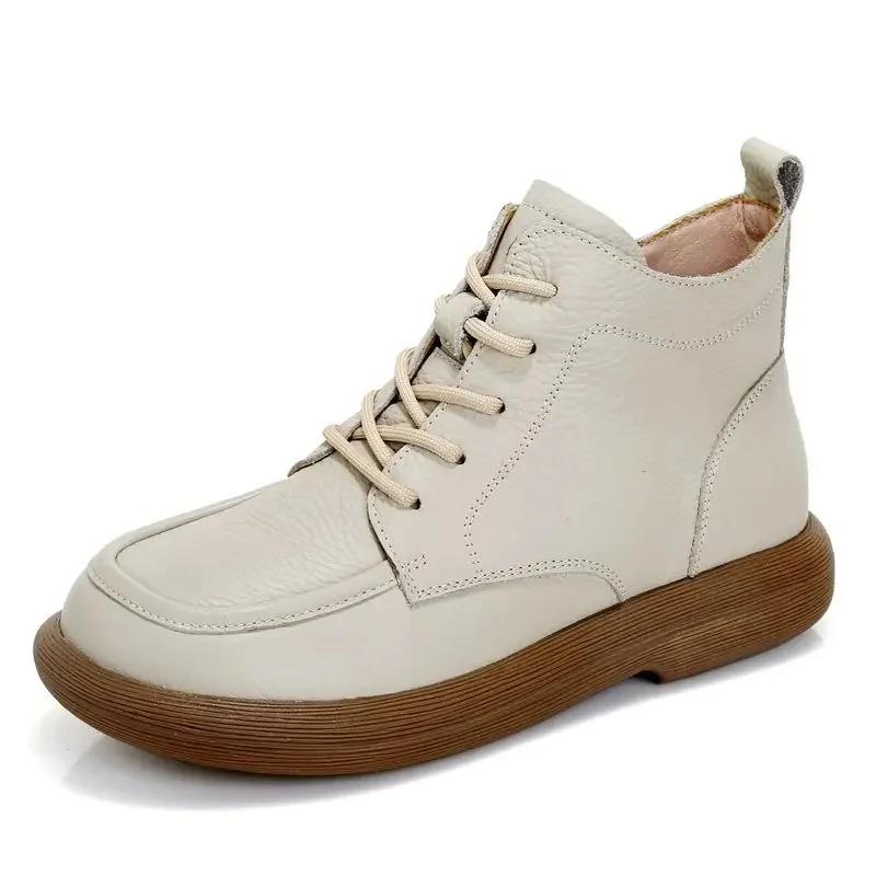 Vintage Genuine Leather Headlayer Cow Leather Fleece-Lined Flat Bottom Short Boots For Adults Retro Style Winter Season