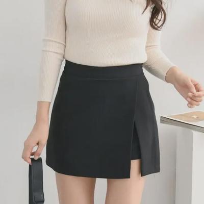 2022 Women's Black High Waist Slim A-Line Skirt Pants with Slit