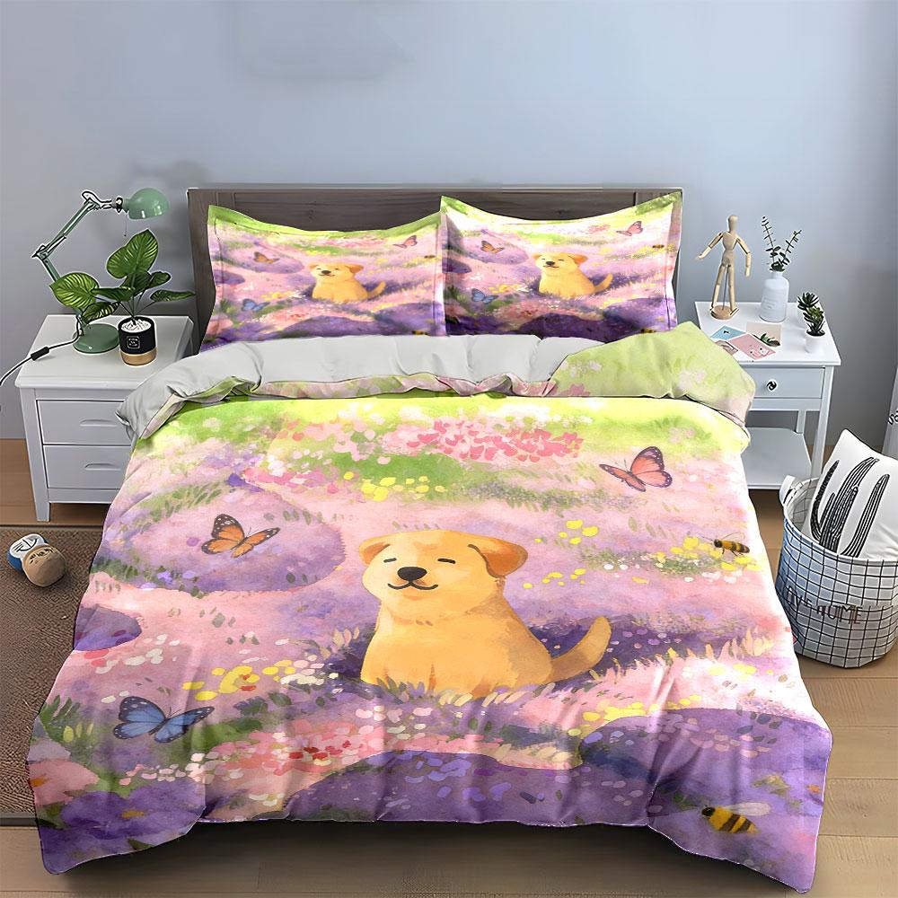 Dog-Themed Spring Field Decor Soft Comfortable Duvet Cover Bedding Set Included 1*Duvet Cover & 2*Pillowcases, Gift