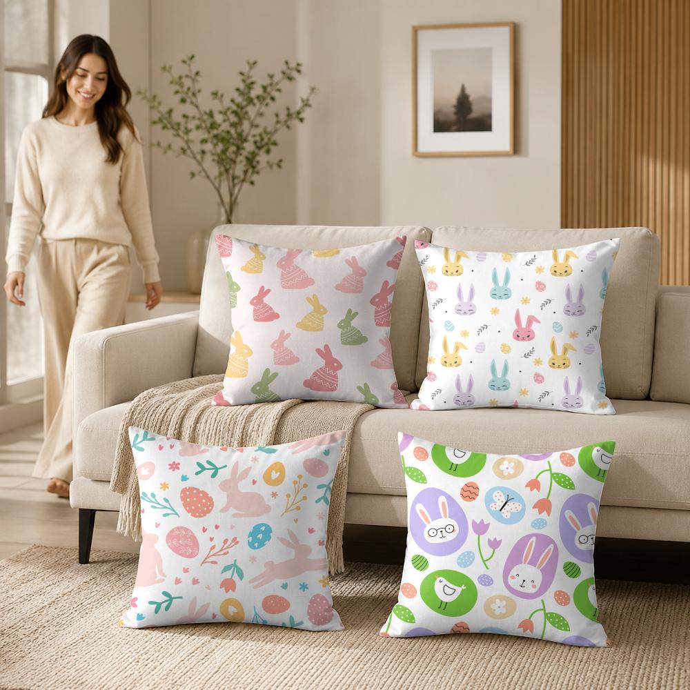 Easter Bunnies Pattern Cushion Cover Silky Short Plush Invisible Zipper Dustproof Sofa Pillow Case For Home Decor
