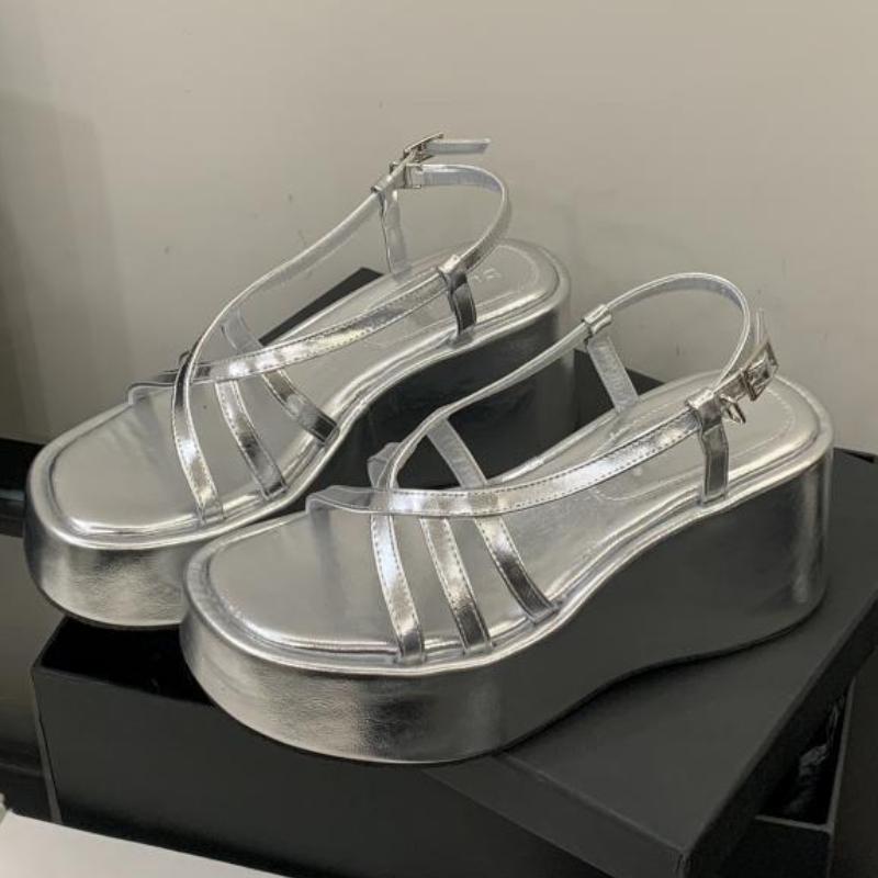

Fashion Silver Cross Tied Wedge Women Thick Heel Sandals 2025 Summer New Designer Open-toe Flat Roman Shoes Fashion Casual Office Sandal 35 серебряный