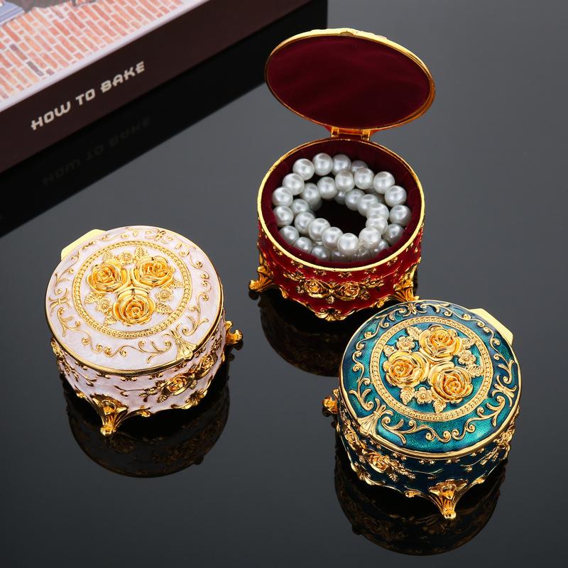 European Retro Enamel Rose Round Jewelry Box, Retro Home Enamel Dressing Table, Metal Storage Box Decoration