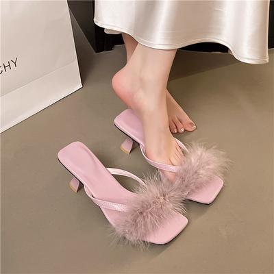 Fairy Wind Fluffy Cool Slippers Female Summer Wear 2025 New Thin Heel Square Head Gentle Sexy High Heels with Skirt