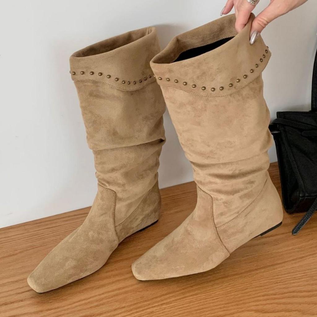 Lammleder Französische Nische Spitz Zehen Keilabsatz Slouch Cowboy Stiefel Damen 2025 Hohe Stiefeletten