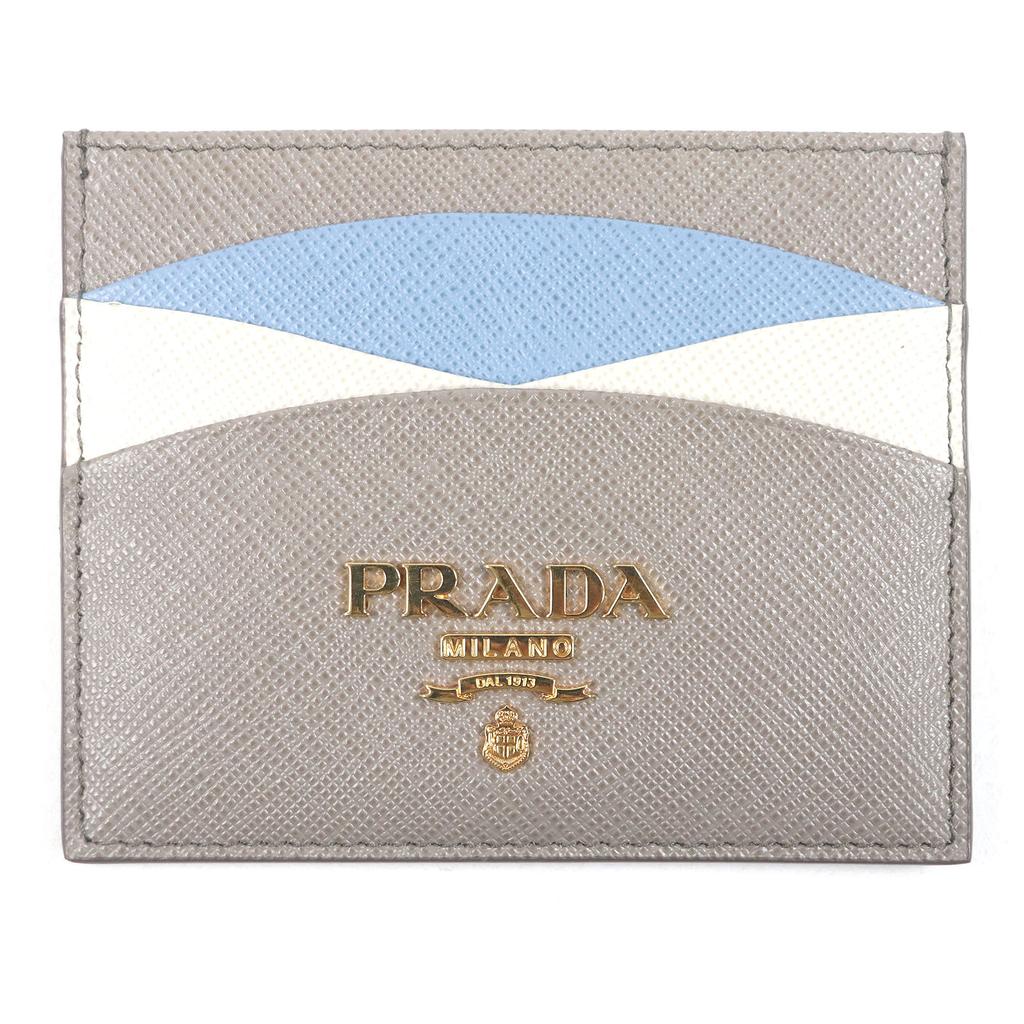 Excellent PRADA Card Case Metal Logo Pass Case/business Card Holder Beige Safiano Leather Used