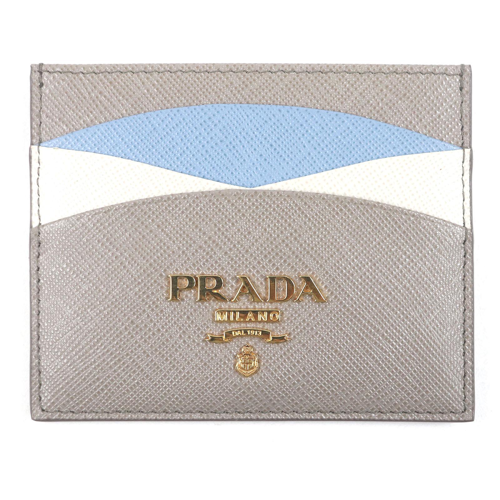 

Excellent PRADA Card Case Metal logo pass case/business card holder beige Safiano leather Used