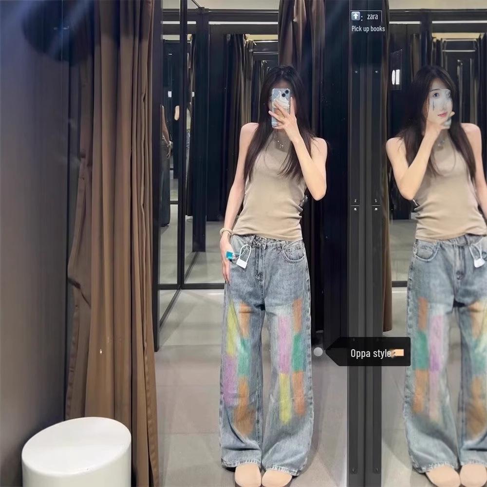 

Women s 2025 Colorful Graffiti High-Waisted Wide-Leg Pants Large синій