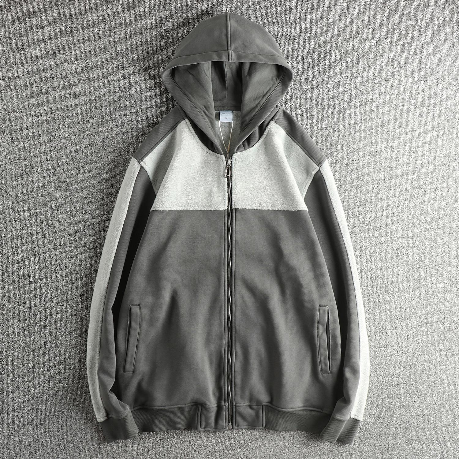 Men s European American Trend Velvet Lined Patchwork Hooded Cardigan Jacket XL 160-175 lbs серый 6400₽