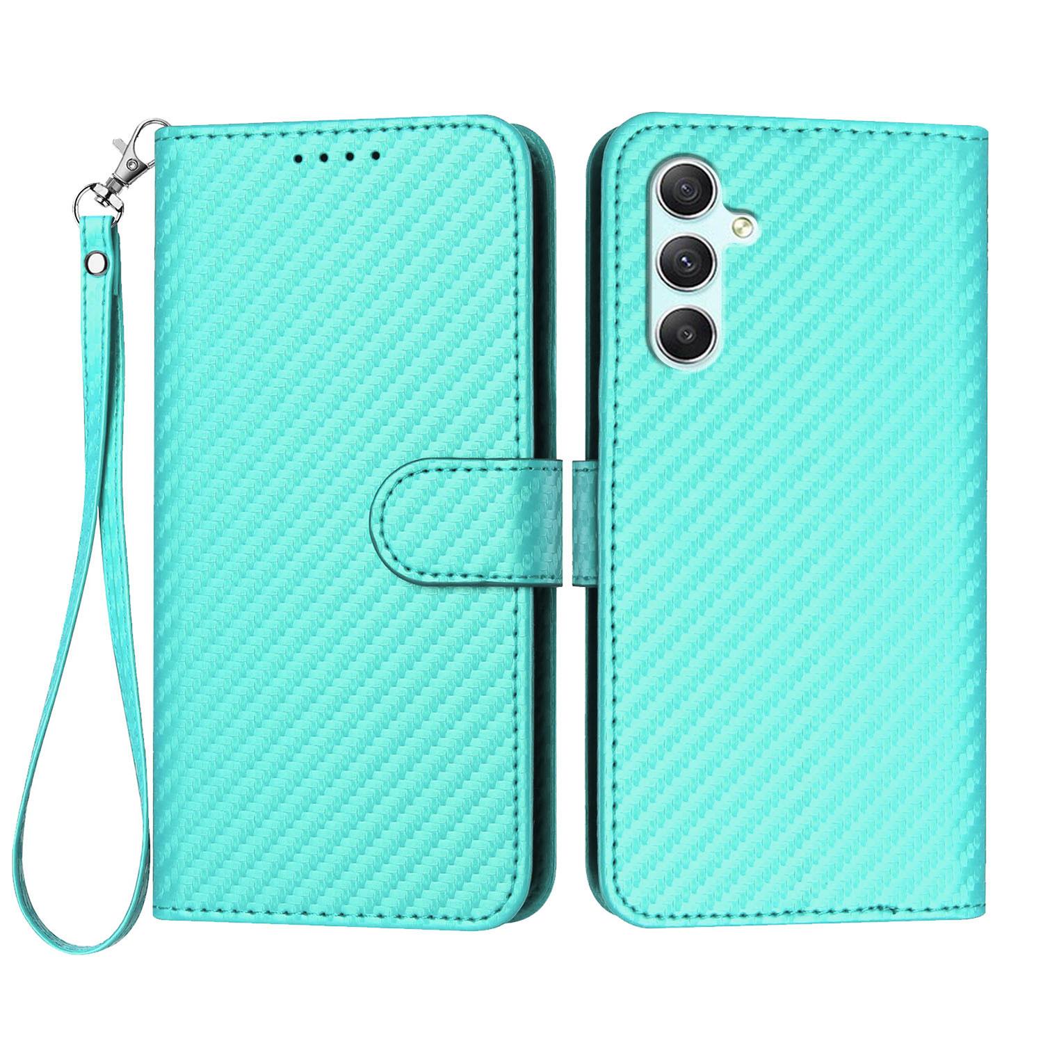 

For Samsung Galaxy A34 5G Wallet Case with Strap Carbon Fiber Texture Leather Mobile Cover Light Blue