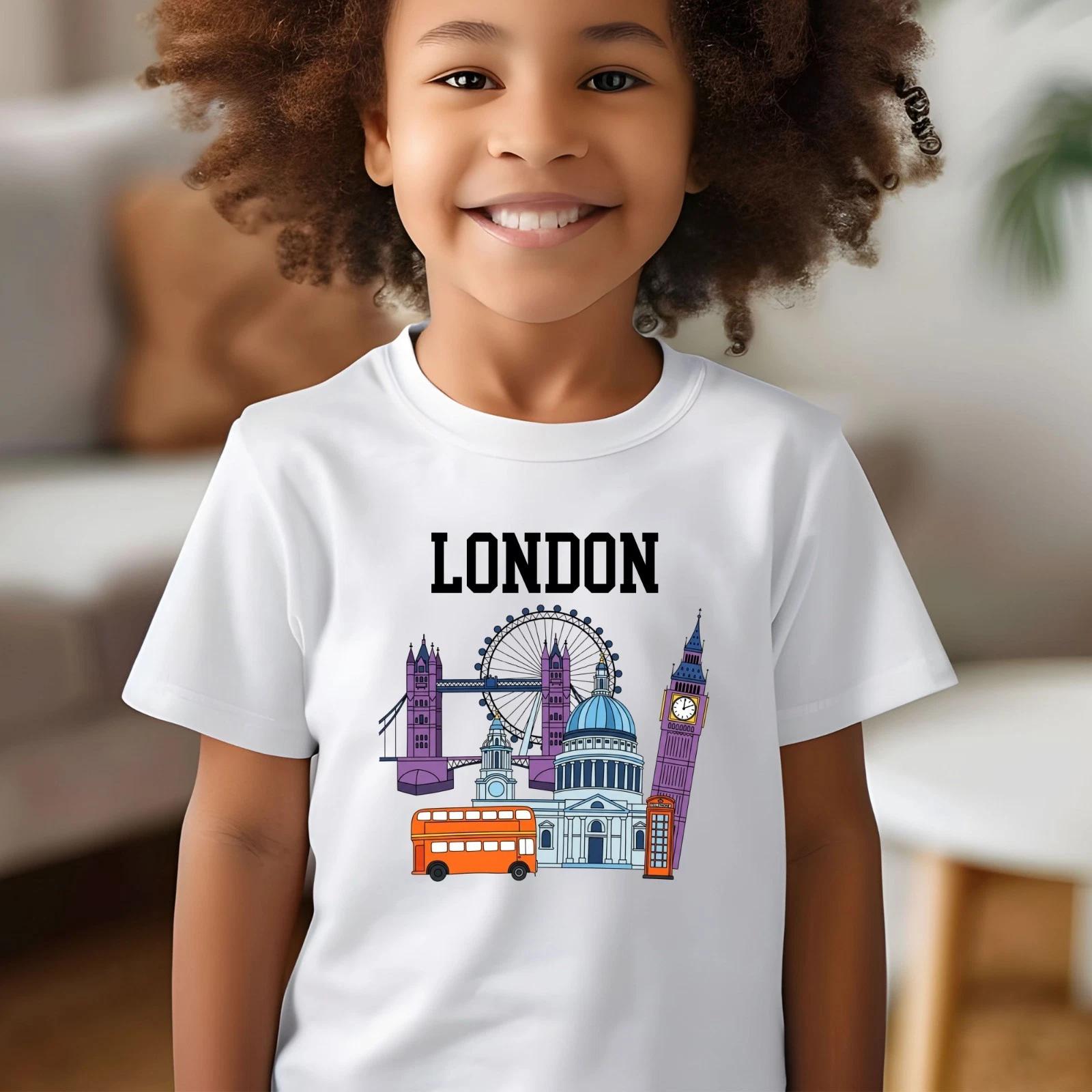 London Landmarks T-Shirt Souvenir Tower Printed Short Sleeve Kids Boys Girls Top S