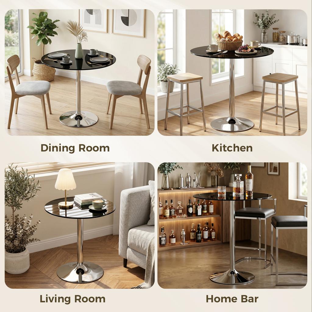 Round Bar Table, Modern Dining Table with Tempered Glass Top and Steel Frame for 4, 70 x 70 x 75.5cm, Black