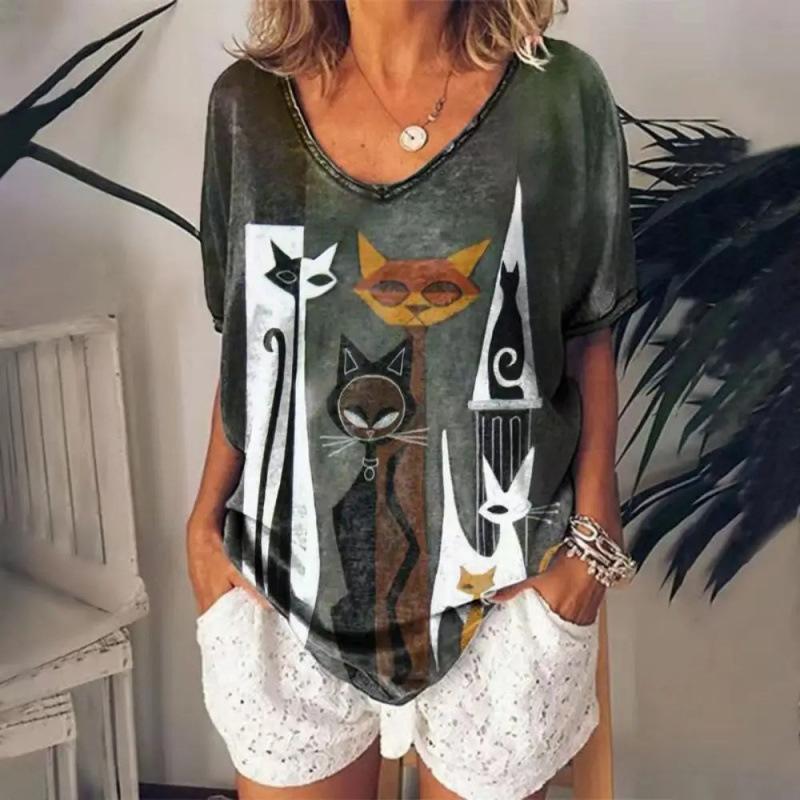 Summer V-neck 3D Cute Cat Printed Top Fashionable Casual Short Sleeved Women's T-shirts