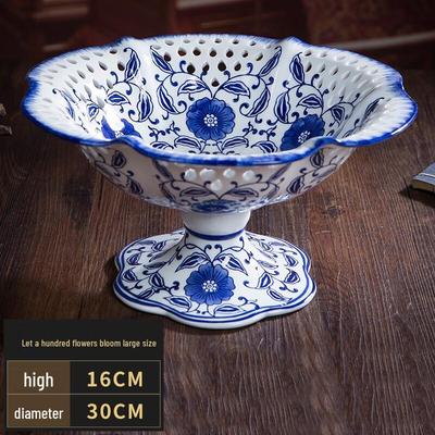 Jingdezhen Ceramic Underglaze Blue & White Hollow Fruit Plate
