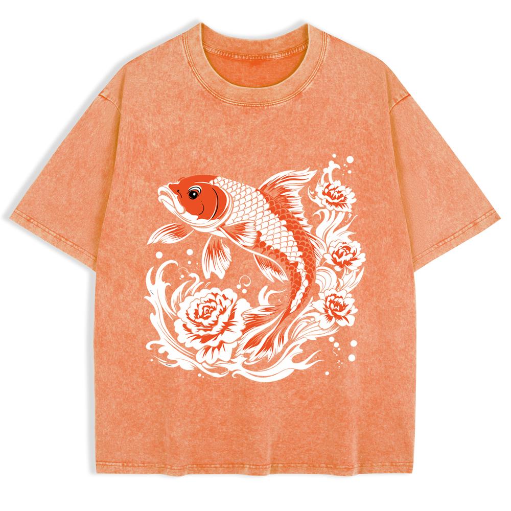 Japanese Koi Harajuku Printed Washed T-Shirts Mens Cotton Short Sleeve Tops Summer O-Neck Oversized T Shirt Clothes