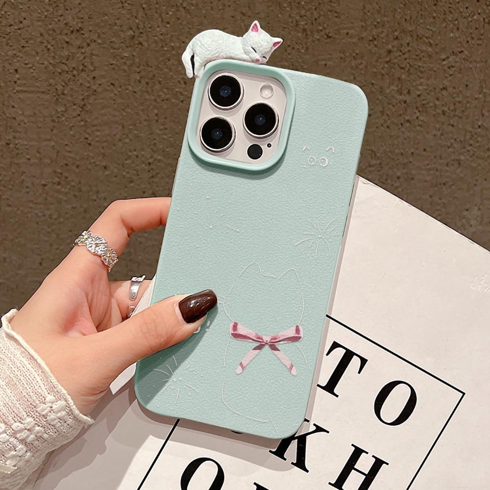 Cute 3D Bow Cat Lychee Pattern Phone Case For iPhone 17 16 15 14 13 12 11 Pro Max X XS XR Air 16 Plus 13 Silicone Soft TPU Cover