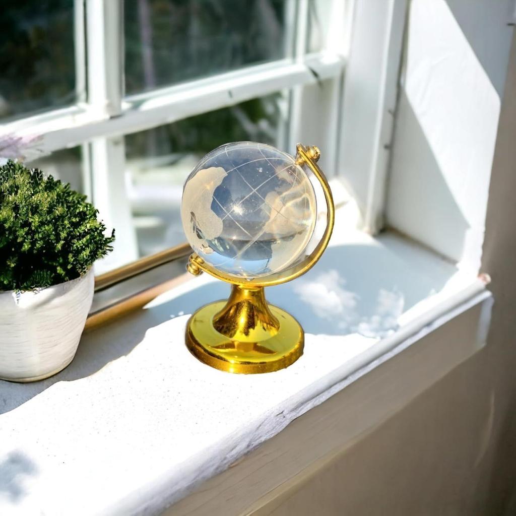 Feng Shui Crystal Globe Idol with Golden Stand | Vastu Glass Miniature Globe for Positive Energy, Success, Good Luck and Prosperity