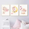 Cartoon Cute Bunny Holding Flowers Moon Love Baby Posters And Prints Wall Art Canvas Painting Wall Pictures Kids Room Décor No Frame