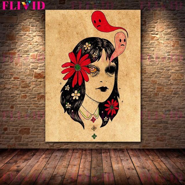 Strawberry Ghost and Scary Girl Retro Wall Art Oil Painting Scary Little Witch Portrait Art Poster
