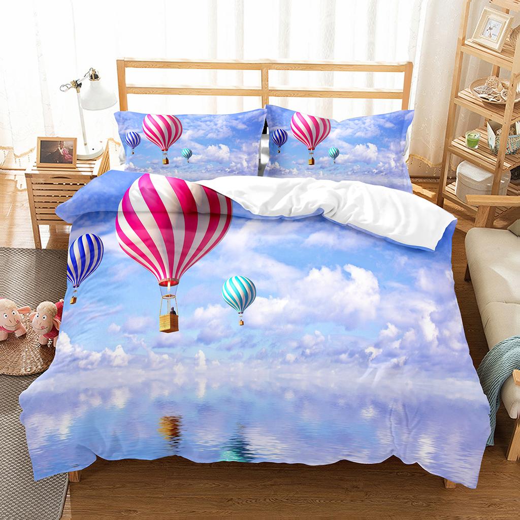 Heißluftballon Bettbezug Set Weißes Wolkenmuster Polyester Bettdeckenbezug King Queen Einzelgröße Für Kinder Mädchen Schlafzimmerdeko