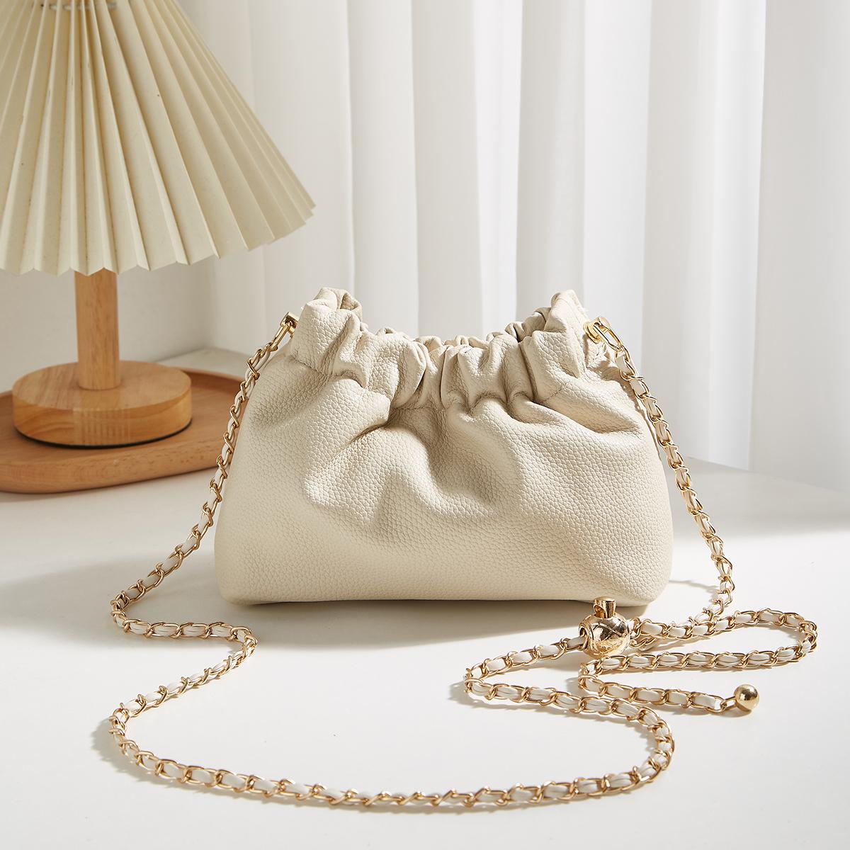 

Женская ПУ сумка кроссбоди с цепочкой монохромная на плечо плиссированный дизайн со шнурком мода