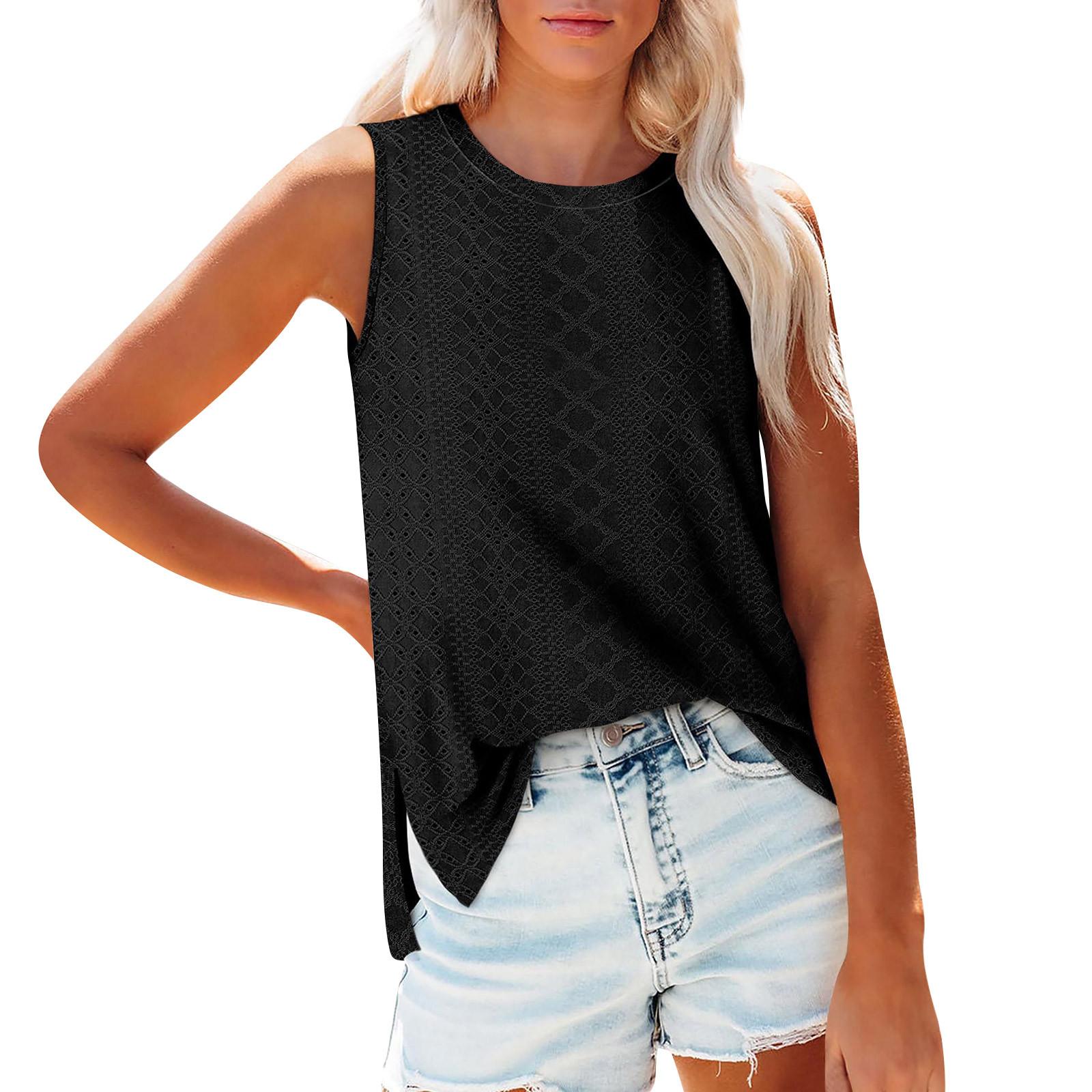 

Women s Fashion Round Neck Sleeveless Slit Tank Top Solid Color Casual Top L