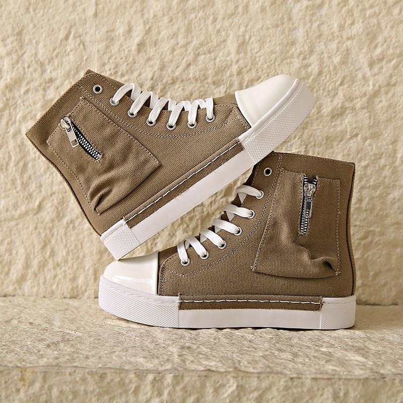 

Большой Размер Высокие Новые Повседневные Однотонные Туфли Женские Новые Карман Декоративная Ткань Боковая Молния Кеды 35 хаки