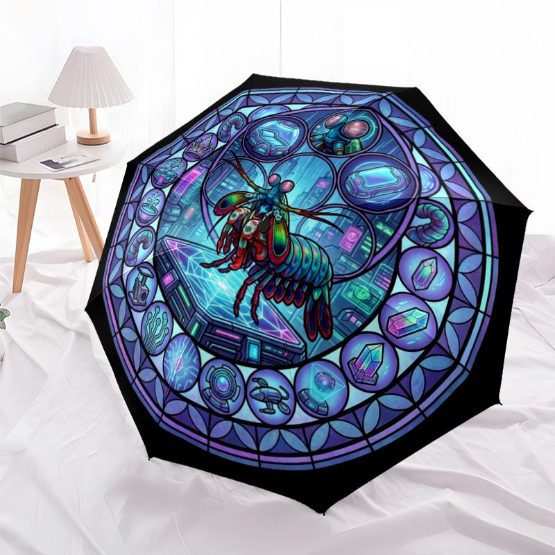 Cybernetic Mantis Glass pattern umbrella, portable and foldable design, 8 ribs, a casual accessory for Halloween, Christmas, and birthday gifts.
