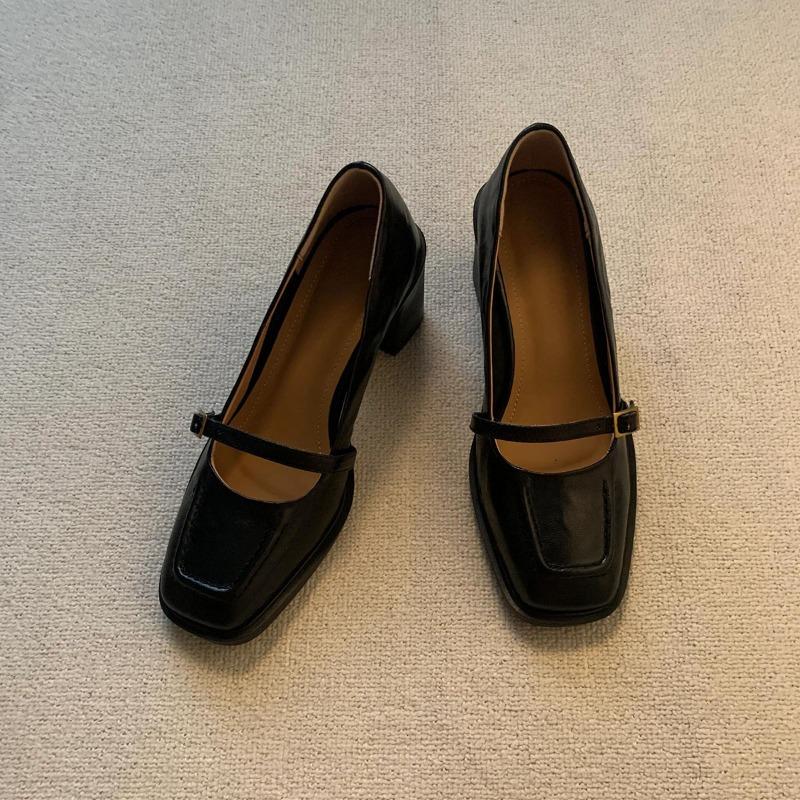 Sheepskin Version~ Genuine Leather Retro Commuter High Heels for Women with Mary Jane Shoes Square Head Thick Heel Single Shoes Small Leather Shoes
