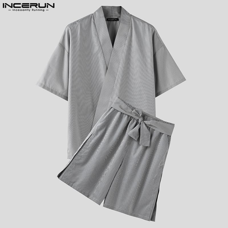 INCERUN Two Piece Suit Summer Men Short Sleeve Front Cross Shirts Bandage Pants Outfits Sets