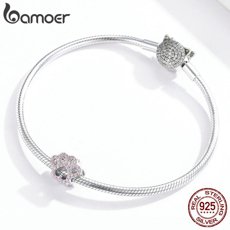 Bamoer Pet Cat Paw Footprint 925 Sterling Silver Bead Charm do bransoletki DIY tworzenia biżuterii