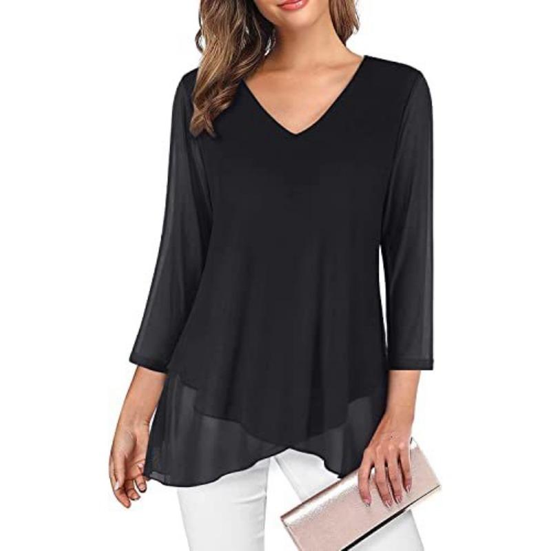 Summer Loose Seven-quarter-sleeved Chiffon Blouse Women V Neck Loose Plus Size Irregular Shirt Fashion Elegant Printed Female Top Mesh Clothing 3276