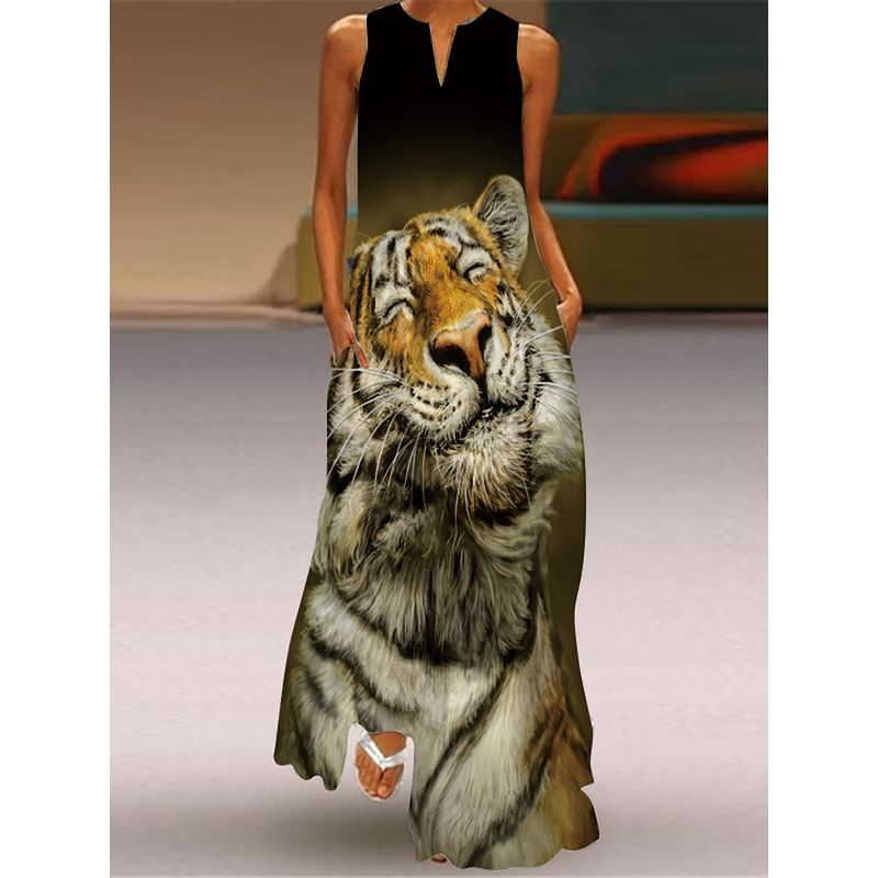 Fashion Style 3D Print Dress Animal Pattern Stage Show Stylish Clothing V Neck Sleeveless Pocket Maxi Dress