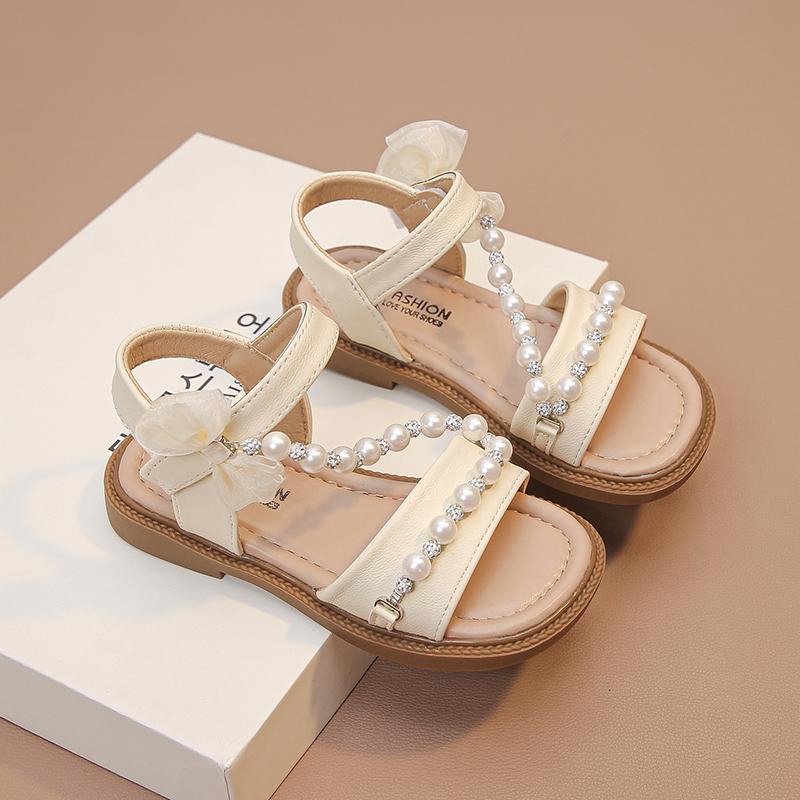 

Girls Sandals Open Toes Mesh Lace Bows Kids Beach Shoes Soft Sole Sweet 2025 Summer New Children Princess Shoes Shiny Crystal 26 бежевый
