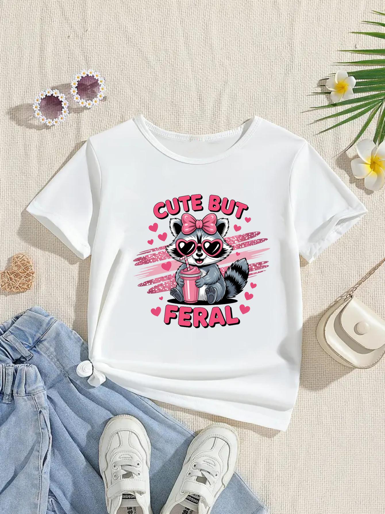 Cute But Feral Raccoon Shirt Funny Raccoon Drinking Milk Tea Cartoon Animal Print Tshirt Girls Fashion girls clothes shirt tops 100