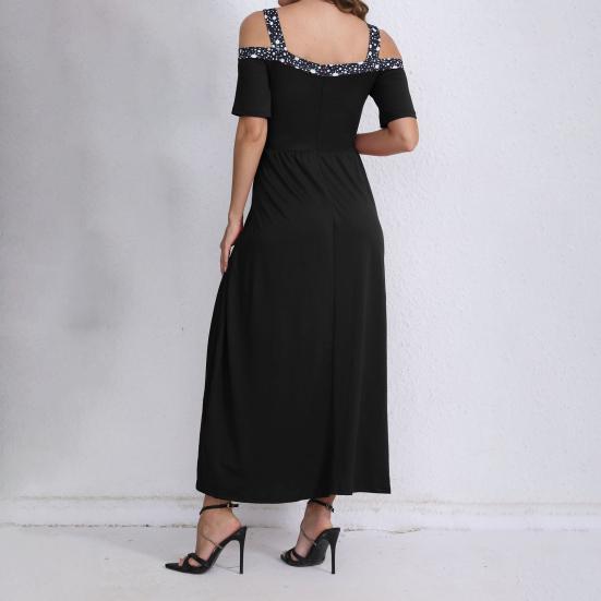 Abendkleid für Damen, ausgehöhlt, V-Ausschnitt, hoher Schlitz, Pailletten, plissiert, kurze Ärmel, Übergröße, A-Linie, schulterfrei, knöchellang, Abschlussball, Party, Maxikleid