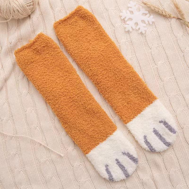 Winter Womens Mid Calf Fleece Socks Cute Cat Paw Design Ultra Soft Warm House Sleeping Socks Maternity Wear