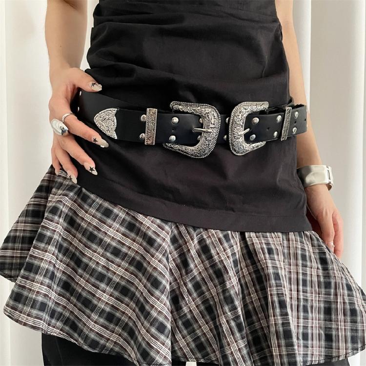 Retro Gothic Double Buckles Belt Rivets Studded Retro Punk Style PU Leather For Women