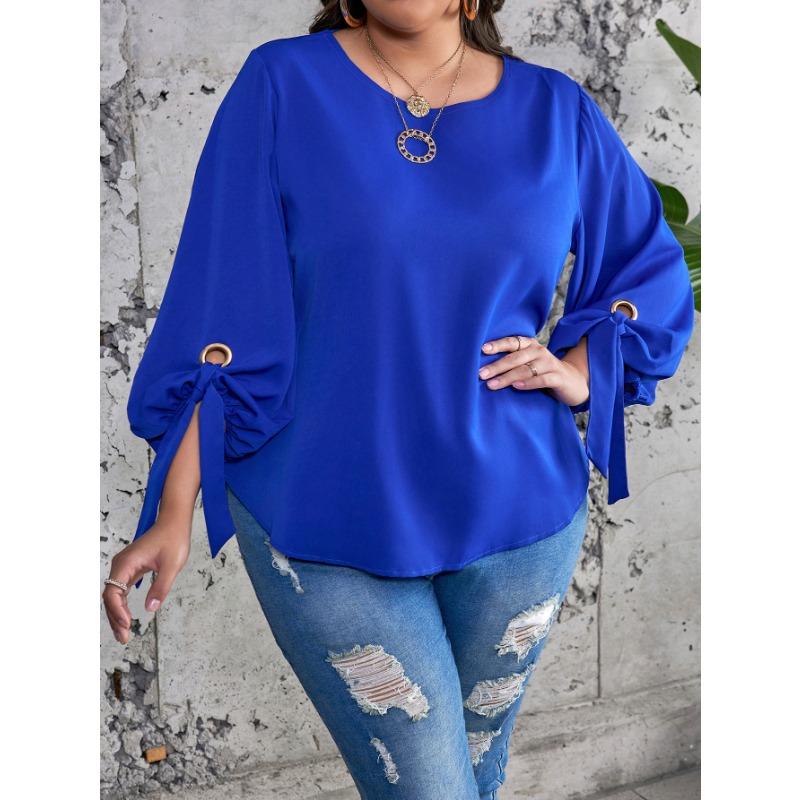 Plus Size Women S Lantern Sleeve Tie Shirt Loose Commute Top