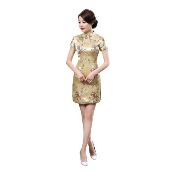 Chinese Women Plum Blossom Bridesmaid Short Sleeve Split Mini Evening Dress
