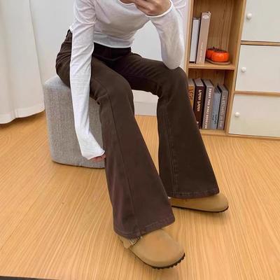 Verdikte Bruine Jeans voor Dames in Herfst en Winter Nieuwe Amerikaanse Slim Fit Hoog Getailleerde Hoefijzerbroek