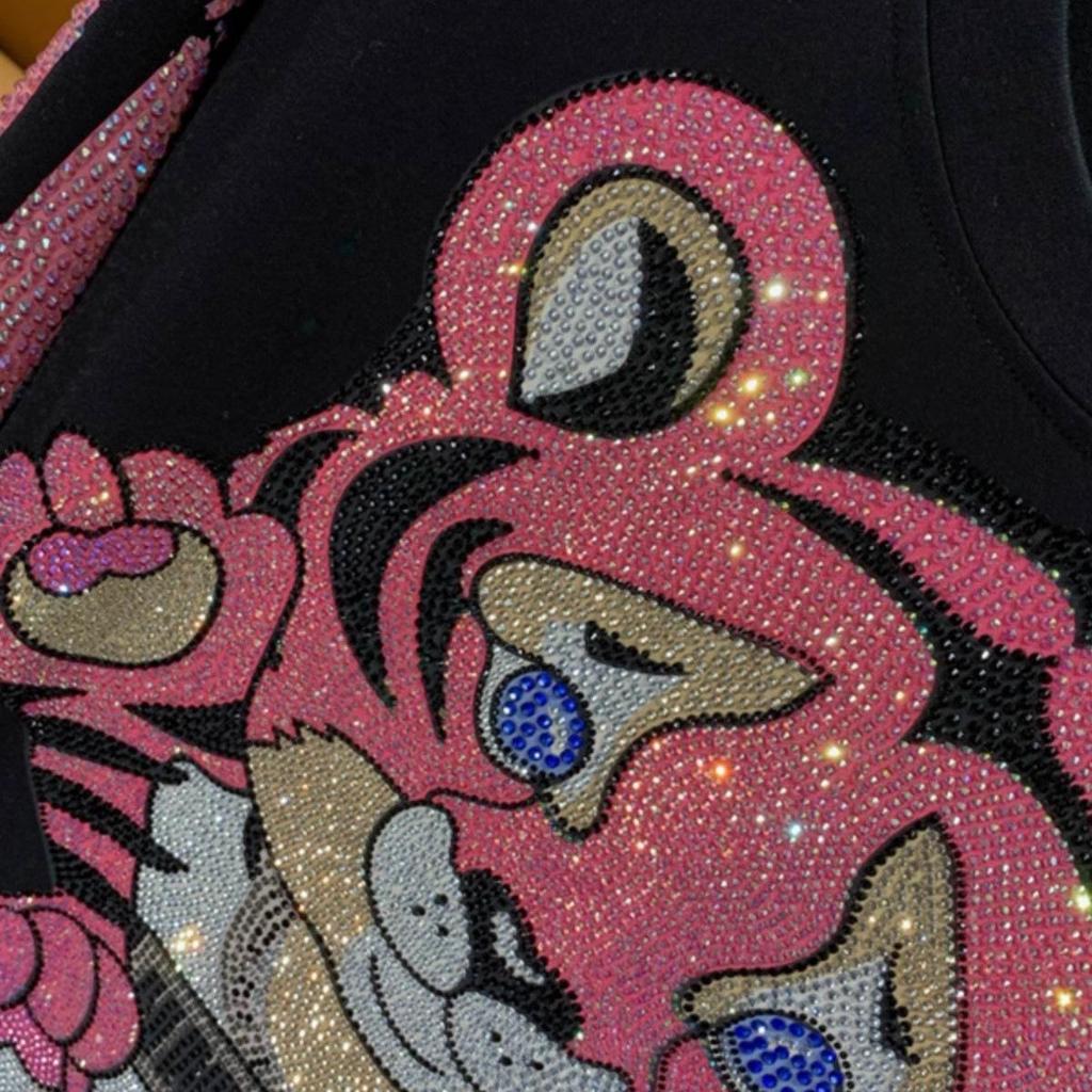 Plus Size Women's Black Short Sleeve T-Shirt with Tiger Print and Rhinestone Detail - Slimming Fit